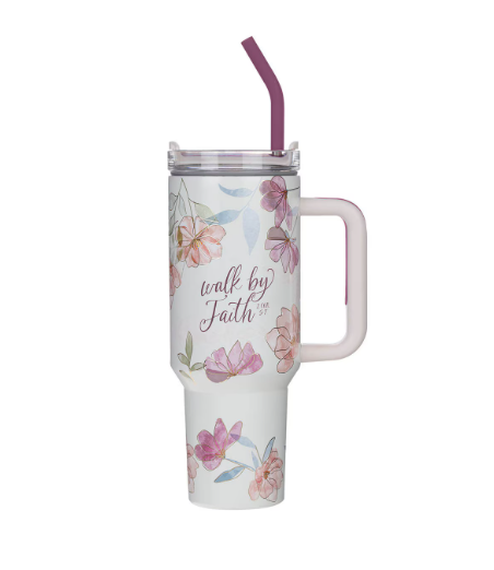 Walk by Faith | Vaso Térmico Acero Inoxidable 40 oz Rosa Cosmos con Popote - 2 Corintios 5:7