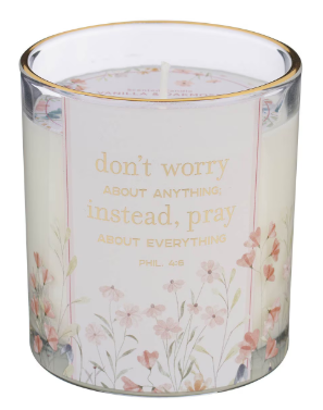 Don't Worry, Instead Pray Vanilla and Oakmoss Scented Candle in a Glass Jar - Philippians 4:6