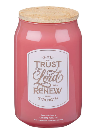 Trust In The Lord Coral Cascade Citrus Grove Scented Glass Candle in a Glass Jar |Isaiah 40:31