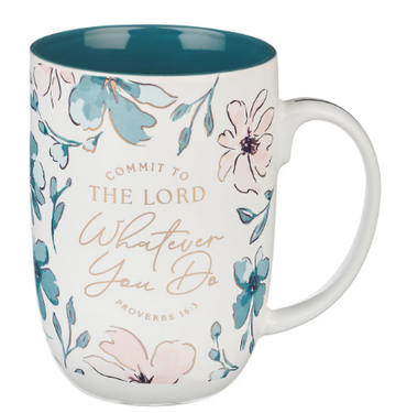 Whatever You Do Teal Floral Ceramic Coffee Mug | Proverbs 16:3
