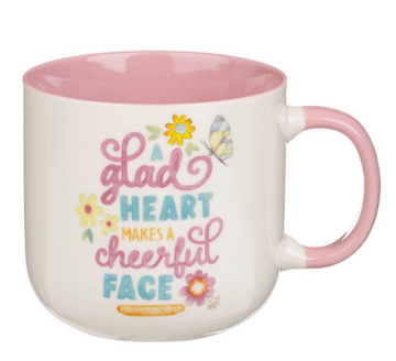 A Glad Heart Makes a Cheerful Face Pink Ceramic Mug | Proverbs 15:13