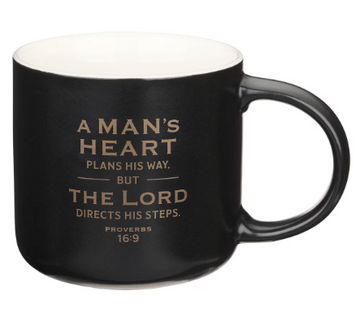 A Man's Heart Black Ceramic Coffee Mug - Proverbs 16:9