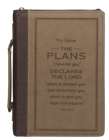 The Plans Cocoa Brown and Taupe Faux Leather Classic Bible Cover - Jeremiah 29:11