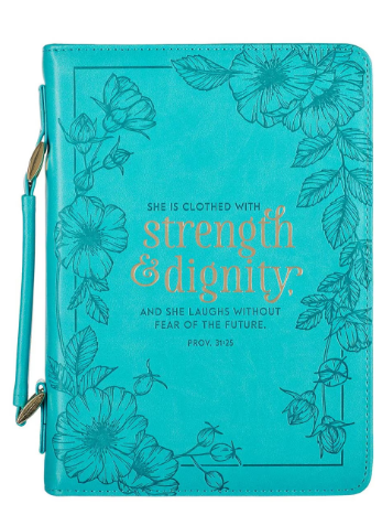 Strength & Dignity Teal Faux Leather Fashion Bible Cover - Proverbs 31:25