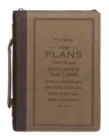The Plans Cocoa Brown and Taupe Faux Leather Classic Bible Cover | Jeremiah 29:11