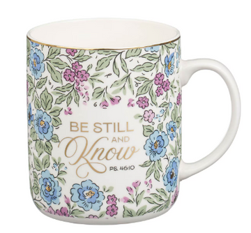 Be Still and Know Purple Trio Floral Ceramic Coffee Mug | Psalm 46:10