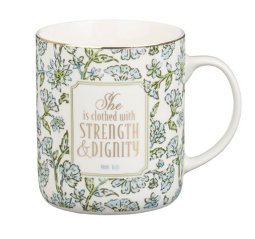 Strength and Dignity Blue Cottage Garden Ceramic Coffee Mug | Proverbs 31:25