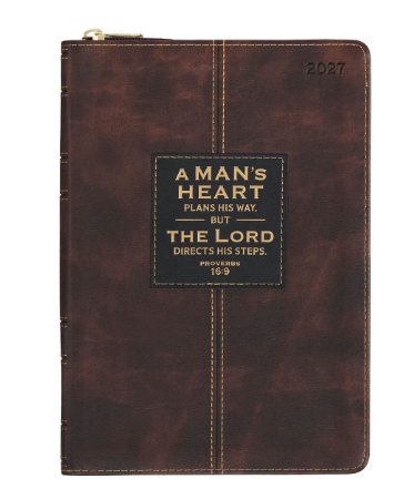 2027 A Man's Heart Smoked Walnut Faux Leather Executive Planner with Zipper Closure | Proverbs 16:9