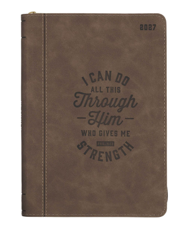 2027 I Can Do All This Truffle Brown Faux Leather Executive Planner with Zipper Closure | Philippians 4:13