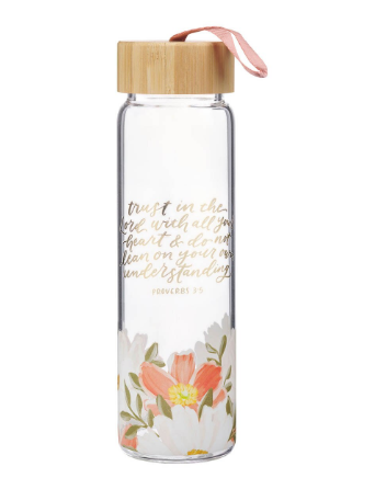 Trust in the Lord Orange Floral Glass Water Bottle with Bamboo Lid | Proverbs 3:5