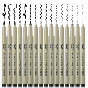 Black Fineliner Drawing Pens |16 Pack, 0.05–3mm Tips