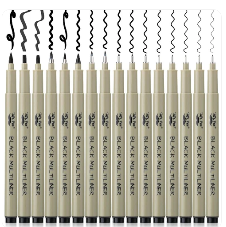 Black Fineliner Drawing Pens |16 Pack, 0.05–3mm Tips