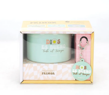Pack Taza 12 OZ+ llavero de caucho. Colección primor. Dios es bueno