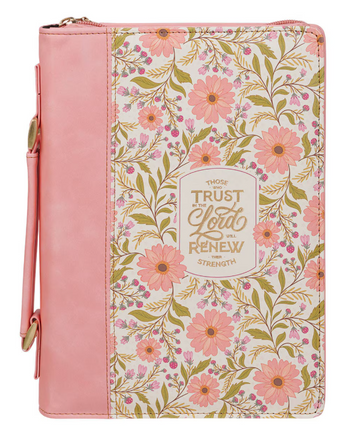 Funda para Biblia Floral Coral Rosa Piel Sintética | Isaías 40:31