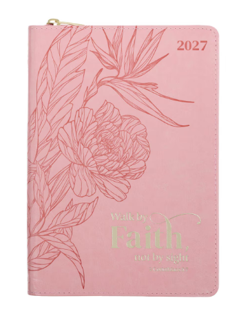 2027 Walk by Faith Pink Faux Leather Executive Planner with Zipper Closure | 2 Corinthians 5:7