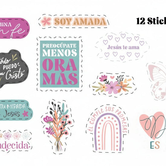 Collection of 12 motivational stickers with inspirational phrases on a white background