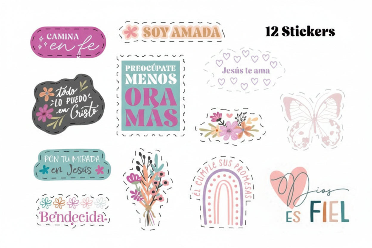 Collection of 12 motivational stickers with inspirational phrases on a white background