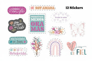 Collection of 12 motivational stickers with inspirational phrases on a white background