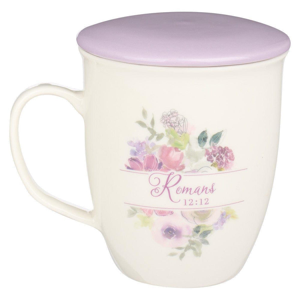 Be Joyful in Hope Lilac Lidded Ceramic Coffee Mug - Romans 12:12 - Pura Vida Books