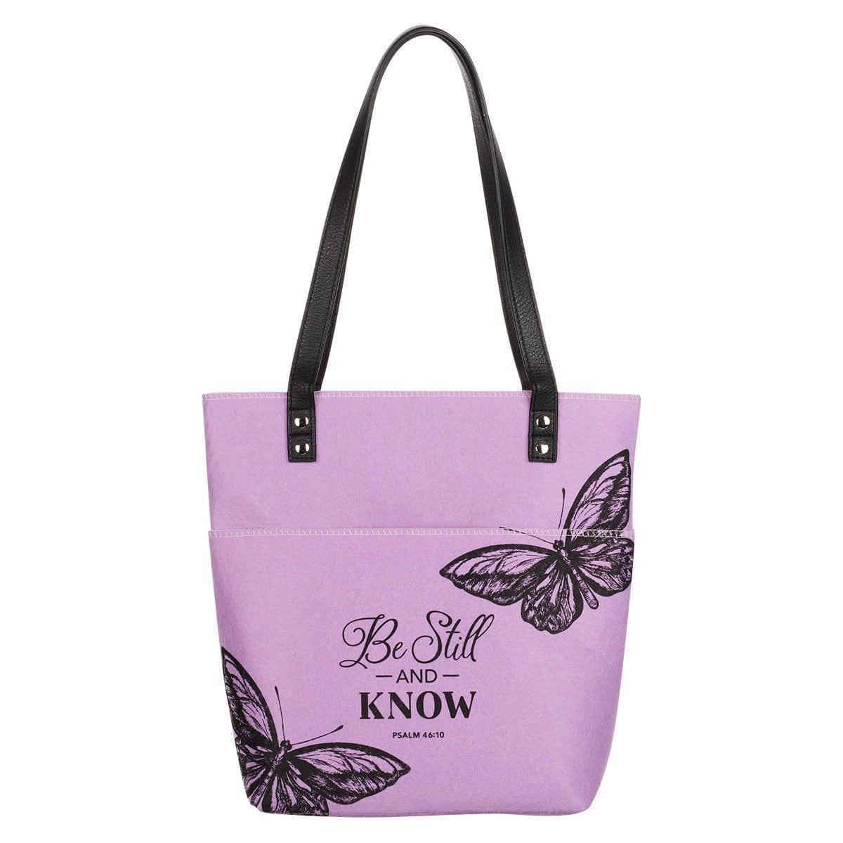 Be Still and Know Purple Butterfly Fashion Felt Bible Tote Bag - Psalm 46:10 - Pura Vida Books