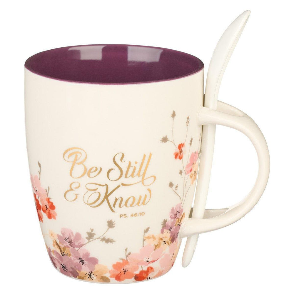 Be Still & Know Purple Floral Ceramic Coffee Mug with Spoon - Psalm 46:10 - Pura Vida Books
