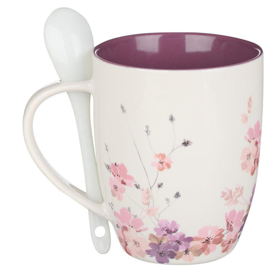 Be Still & Know Purple Floral Ceramic Coffee Mug with Spoon - Psalm 46:10 - Pura Vida Books