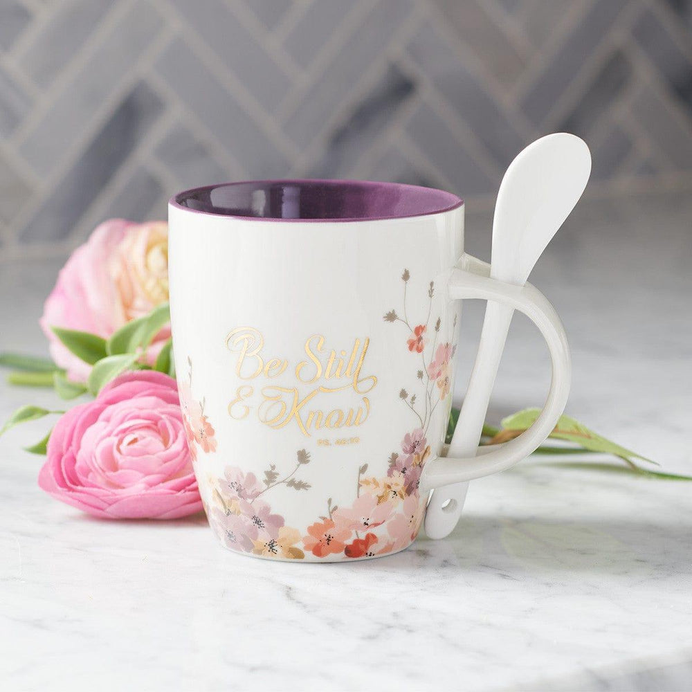 Be Still & Know Purple Floral Ceramic Coffee Mug with Spoon - Psalm 46:10 - Pura Vida Books