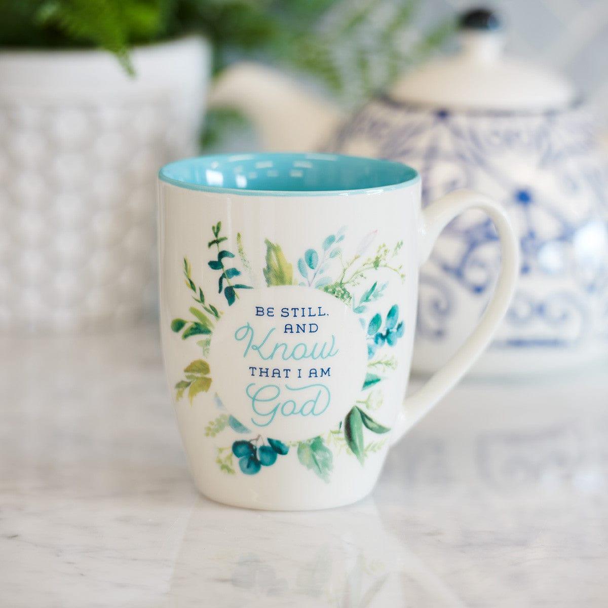 Be Still and Know Teal Floral Ceramic Coffee Mug - Psalm 46:10 - Pura Vida Books