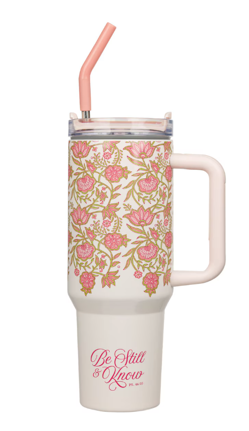 Be Still and Know Vaso Rosa Floral de Primavera de 40 Oz con Pajita Reutilizable - Salmo 46:10