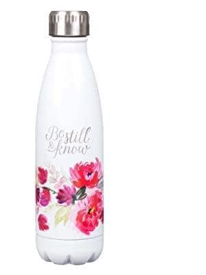 Be Still & Know White Floral Stainless Steel Water Bottle - Psalm 46:10 - Pura Vida Books