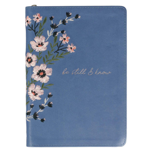 Be Still Floral Embroidered Blue Faux Leather Classic Journal with Zippered Closure - Psalm 46:10 - Pura Vida Books