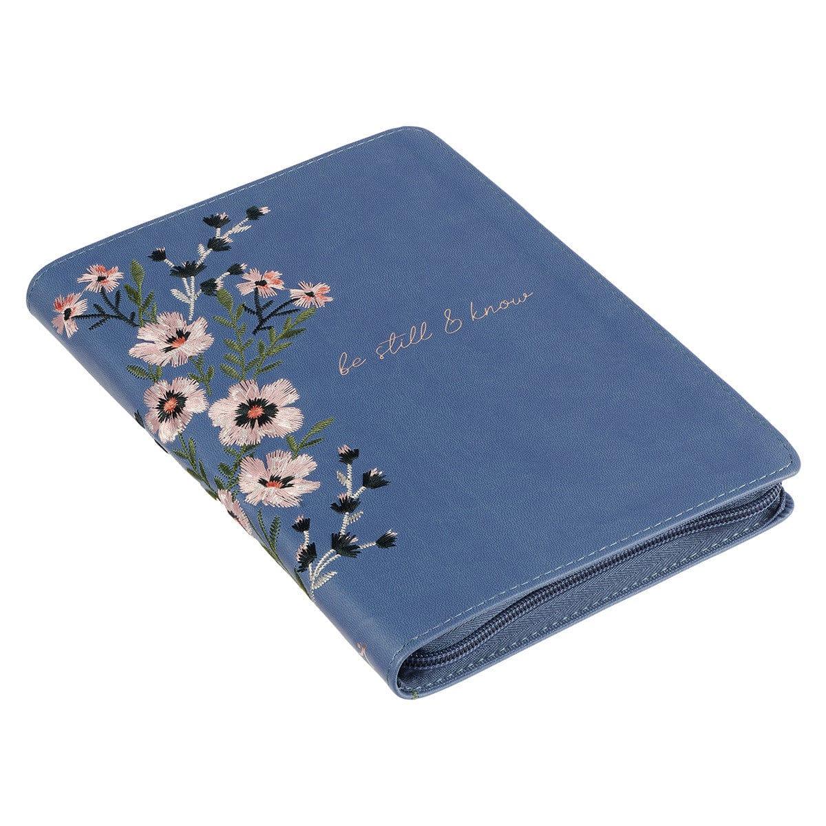 Be Still Floral Embroidered Blue Faux Leather Classic Journal with Zippered Closure - Psalm 46:10 - Pura Vida Books