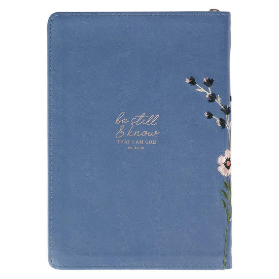 Be Still Floral Embroidered Blue Faux Leather Classic Journal with Zippered Closure - Psalm 46:10 - Pura Vida Books