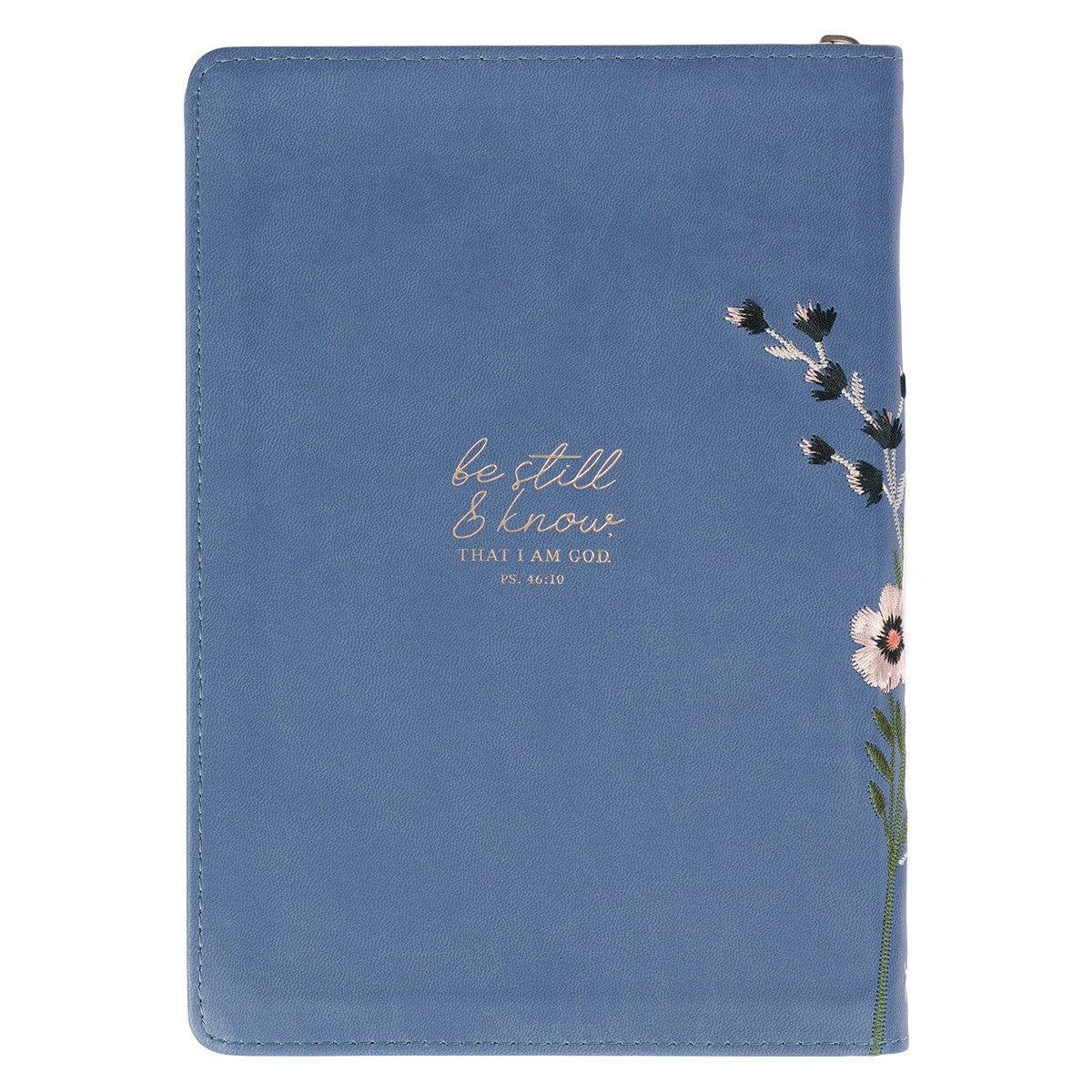 Be Still Floral Embroidered Blue Faux Leather Classic Journal with Zippered Closure - Psalm 46:10 - Pura Vida Books