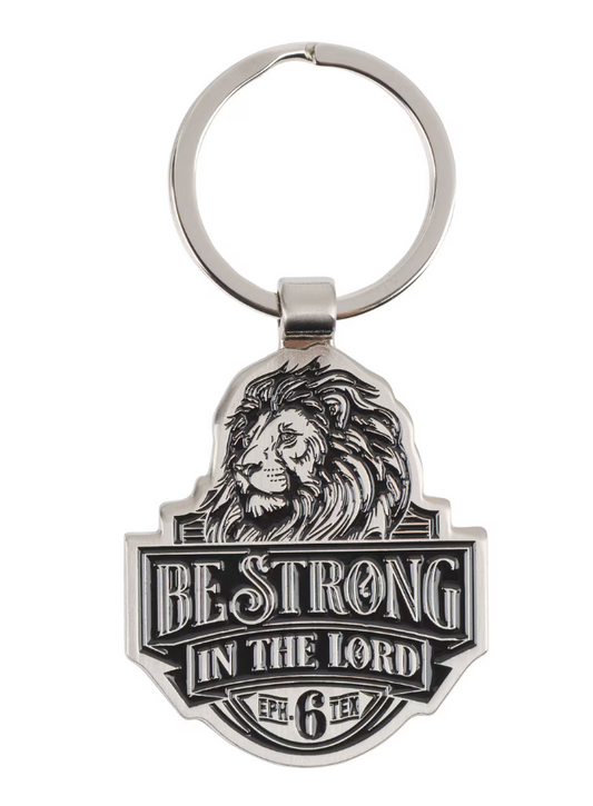 Be Strong in the Lord Lion Silver Metal Keychain - Ephesians 6:10