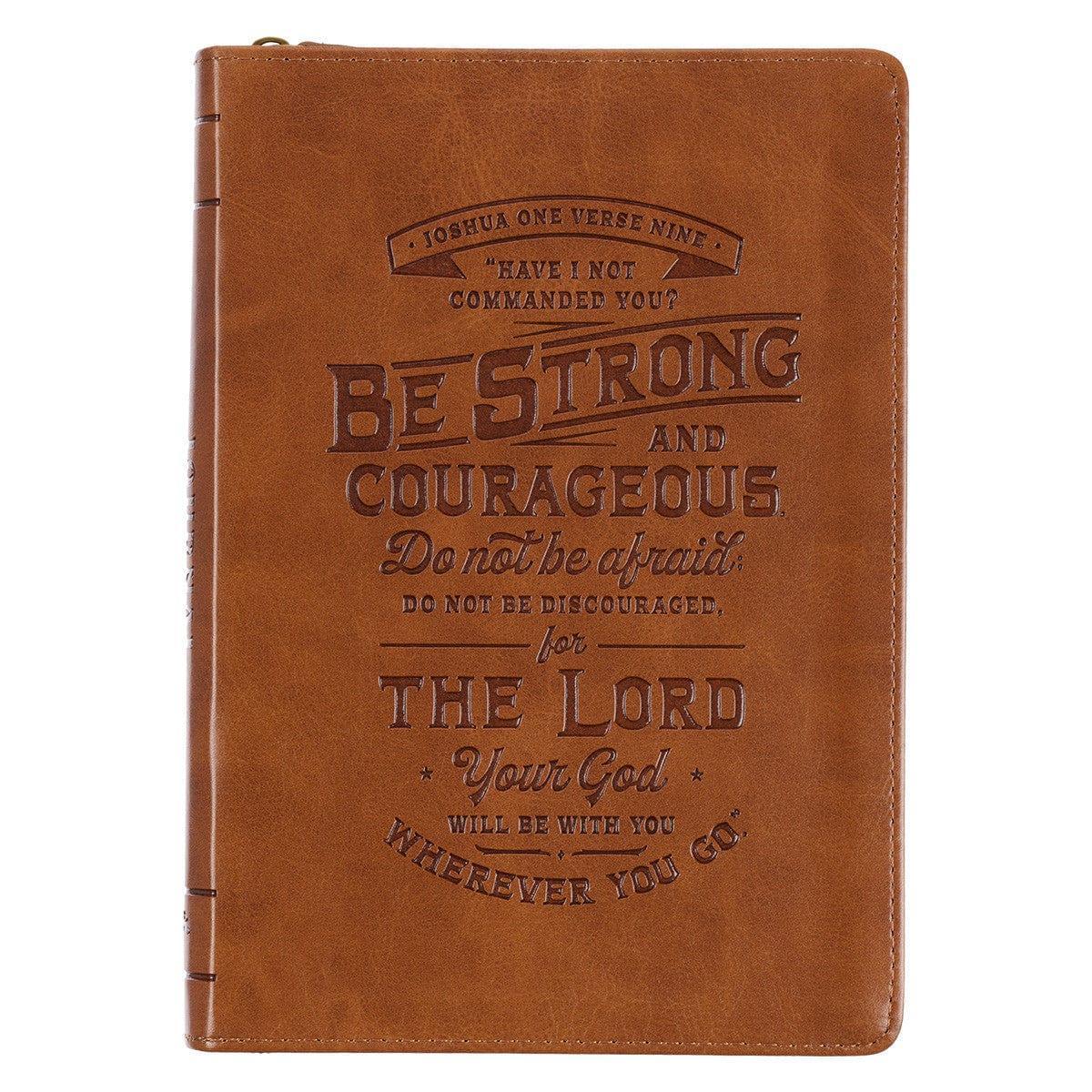 Be Strong Toffee Brown Faux Leather Classic Journal with Zippered Closure - Joshua 1:9 - Pura Vida Books