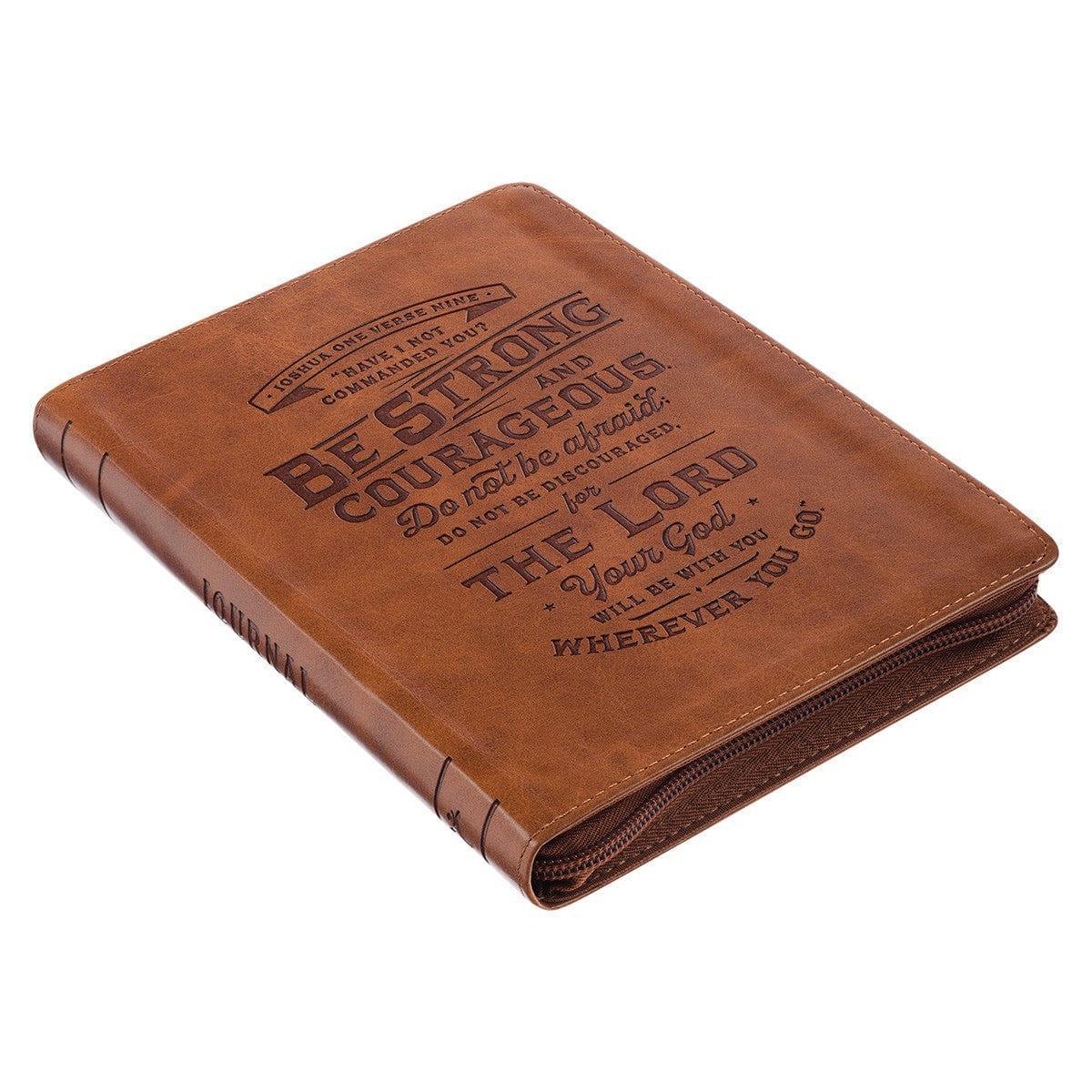 Be Strong Toffee Brown Faux Leather Classic Journal with Zippered Closure - Joshua 1:9 - Pura Vida Books