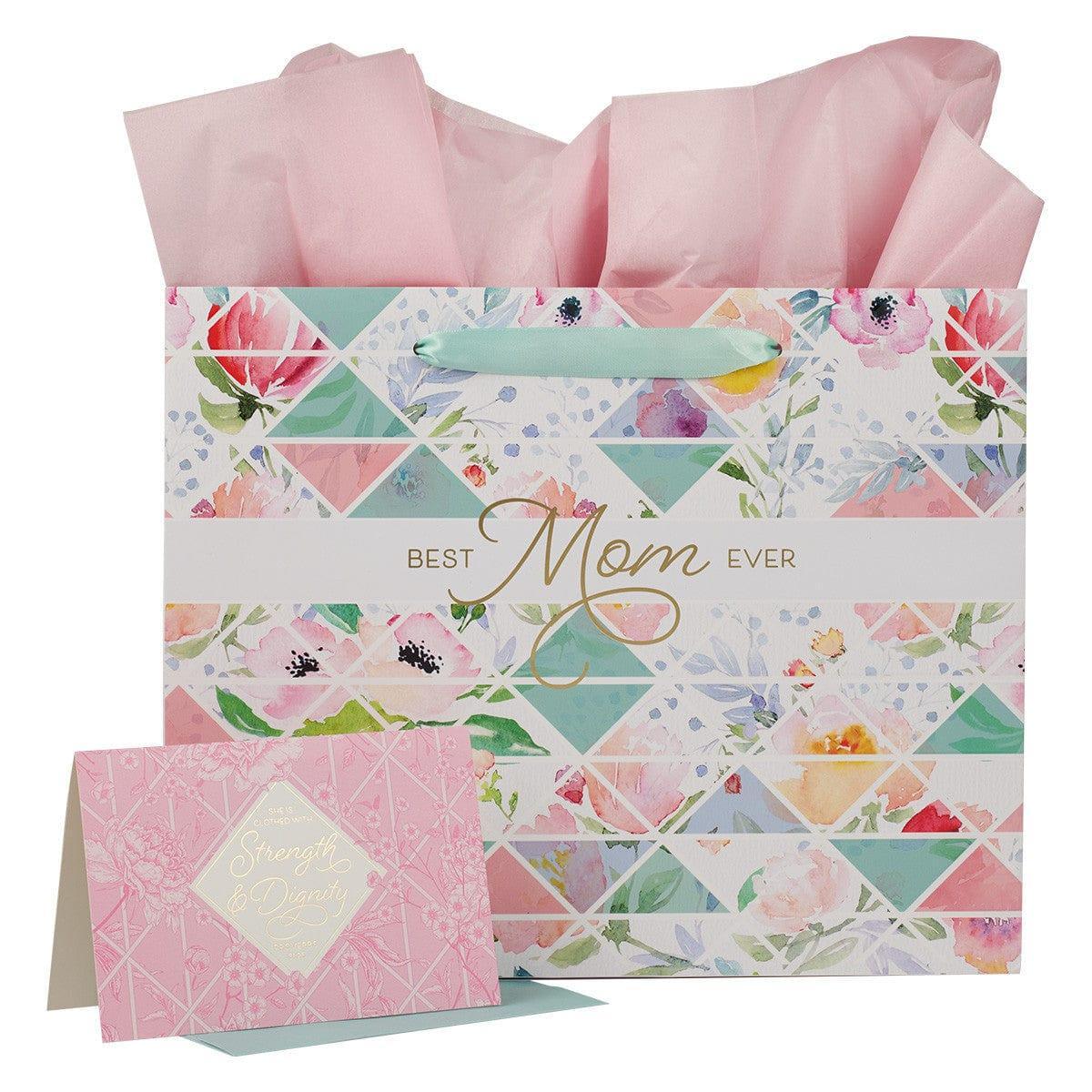 Best Mom Ever Pastel Diamond Large Landscape Gift Bag with Card - Proverbs 31:25 - Pura Vida Books