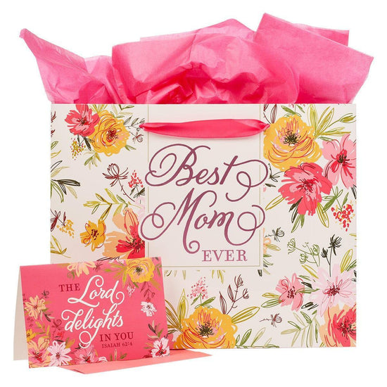 Best Mom Ever Pink Floral Large Gift Bag with Card - Isaiah 62:4 - Pura Vida Books