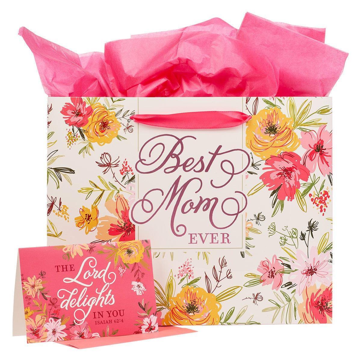 Best Mom Ever Pink Floral Large Gift Bag with Card - Isaiah 62:4 - Pura Vida Books