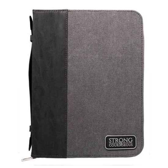 Bible Cover Imitation Leather Grey/Black Large “Strong & Courageous” - Pura Vida Books