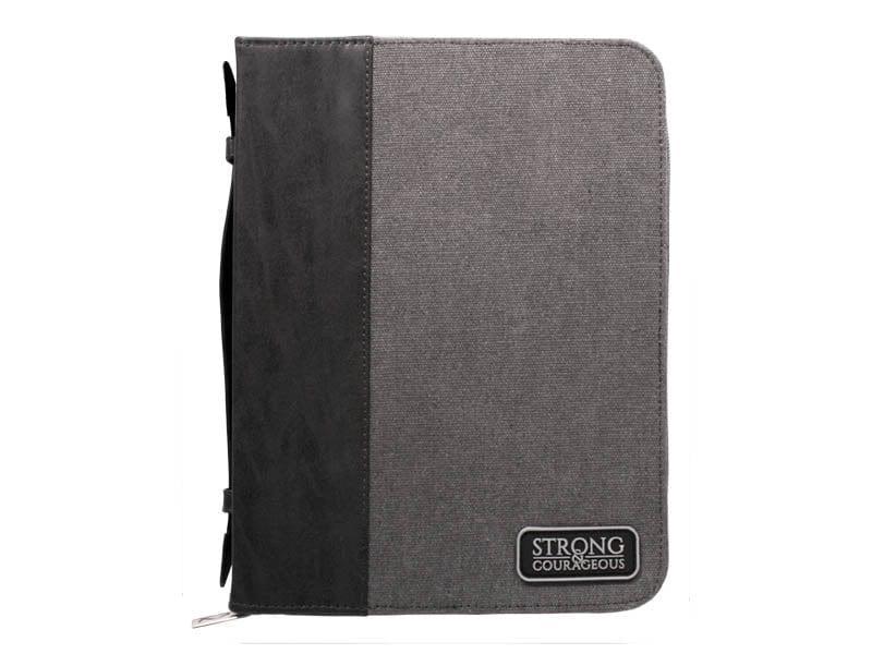 Bible Cover Imitation Leather Grey/Black Large “Strong & Courageous” - Pura Vida Books