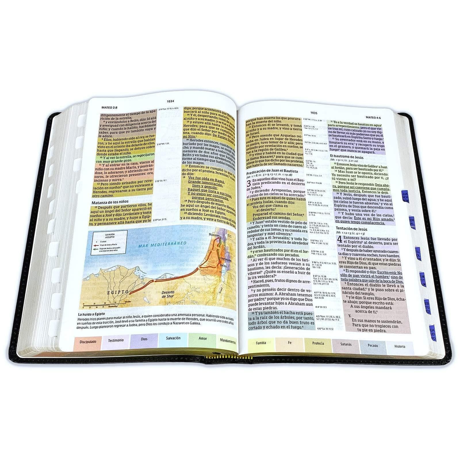 Biblia de Estudio Arco Iris Piel Fabricada Negra con Index Bonded Leather - Pura Vida Books