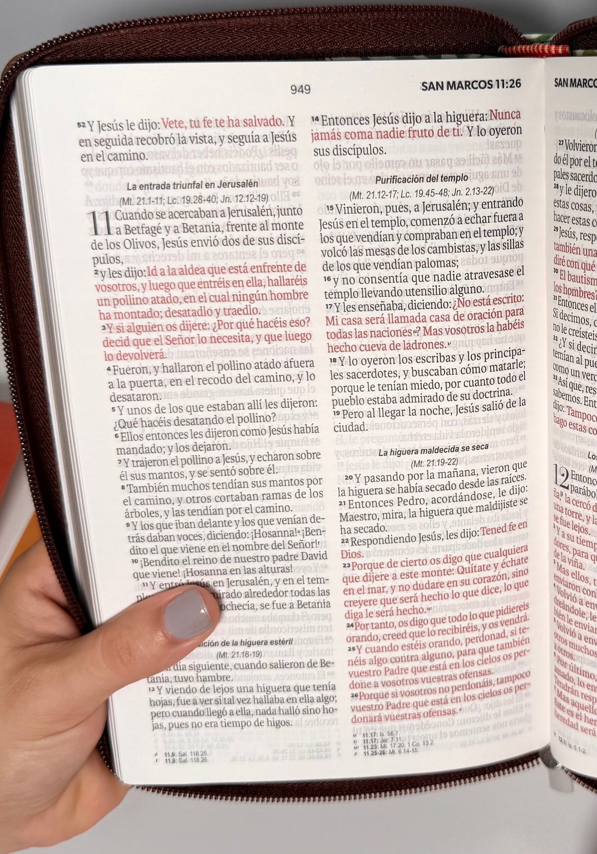 Biblia Ideal RVR1960 abierta en San Marcos sostenida con la mano