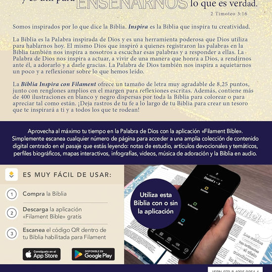 Contraportada de la Biblia Inspira NTV con la descripción y los pasos de la app Filament
