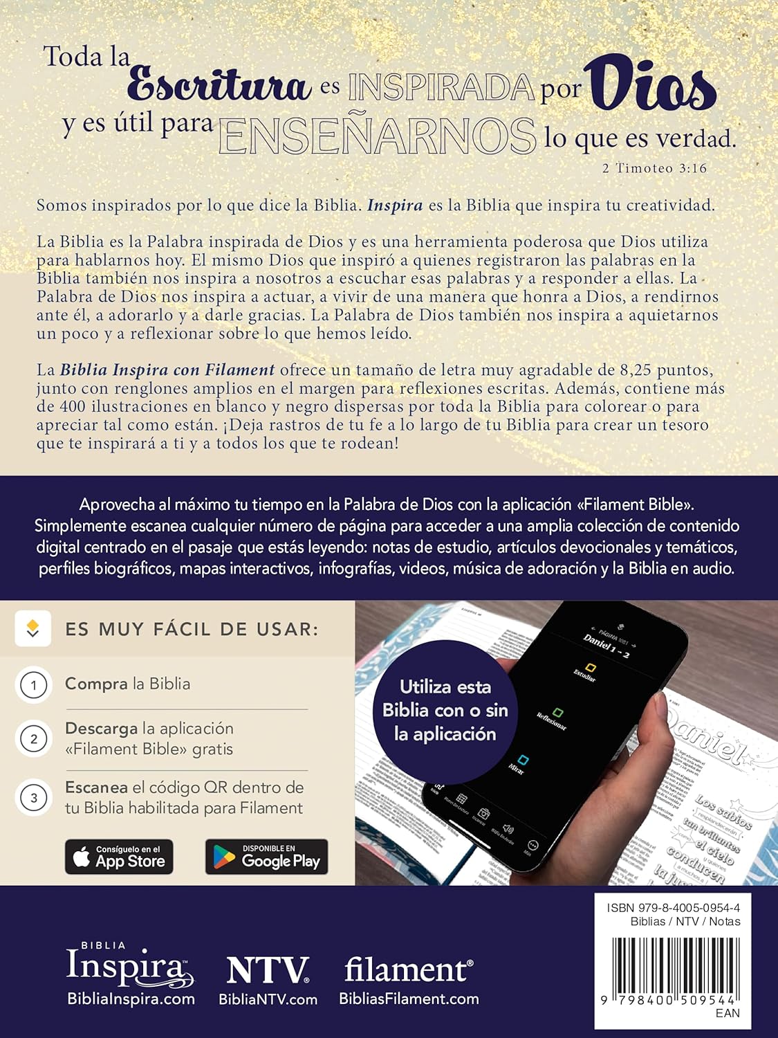 Contraportada de la Biblia Inspira NTV con la descripción y los pasos de la app Filament