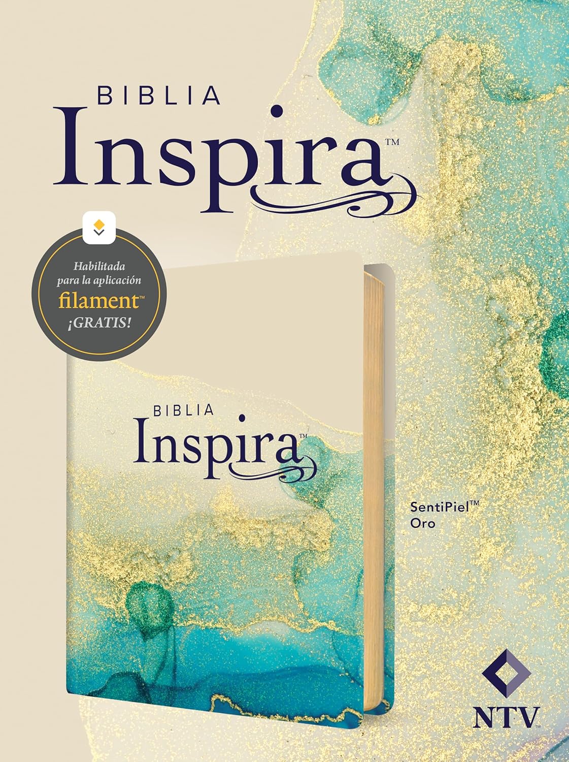 Biblia Inspira NTV SentiPiel oro con el sello de acceso gratuito a la aplicación Filament
