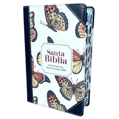 Biblia Letra Grande para Mujer RV1960, imit. piel tela azul marino y mariposas con índice - Pura Vida Books