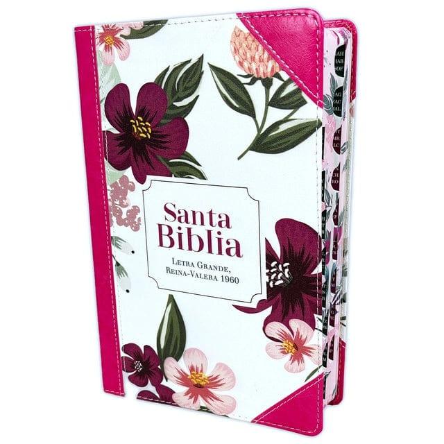 Biblia Letra Grande para Mujer RV1960, imit. piel tela floral fucsia con índice - Pura Vida Books