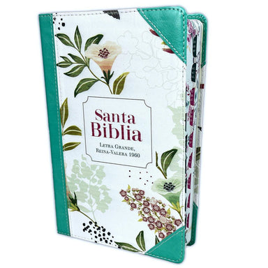 Biblia Letra Grande para Mujer RV1960, imit. piel tela floral turquesa con índice - Pura Vida Books